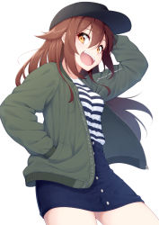 Rule 34 | 1girl, :d, absurdres, ahoge, baseball cap, black hair, blue skirt, blush, breasts, brown eyes, brown hair, casual, commentary, green jacket, hair between eyes, hair flaps, hand in pocket, hand on headwear, hat, highres, jacket, kantai collection, long hair, medium breasts, ochiai miyabi, open clothes, open jacket, open mouth, remodel (kantai collection), shiratsuyu (kancolle), shirt, sidelocks, simple background, skirt, smile, solo, striped clothes, striped shirt, tareme, teeth, unzipped, upper teeth only, white background