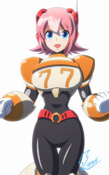 Rule 34 | 1girl, absurdres, android, armor, belt, black bodysuit, blue eyes, blush, bodysuit, clenched hands, commentary request, fontatoba, gloves, hair ornament, highres, joints, mega man (series), mega man x: command mission, mega man x (series), mega man x dive, multicolored hair, nana (mega man x: command mission), open mouth, pink hair, robot joints, shiny clothes, short hair, signature, simple background, skin tight, smile, solo, two-tone hair, white background, white gloves, white hair