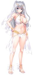 Rule 34 | 1girl, asami asami, blue eyes, bracelet, breasts, cleavage, covered erect nipples, full body, gold trim, hand on own hip, harem outfit, jewelry, large breasts, long hair, navel, official art, okayu seira, photoshop (medium), role player: okayu shimai no nenmaku potrait - gurigucha live!, sandals, solo, standing, tachi-e, thighhighs, transparent background, two side up, veil, white hair