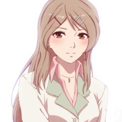 Rule 34 | 1girl, blazer, blush, brown eyes, brown hair, candy boy, collared shirt, commentary, earrings, hair ornament, hairclip, jacket, jewelry, light smile, long hair, looking at viewer, mismatched earrings, miura-n315, pink shirt, sakurai yukino, shirt, simple background, solo, stud earrings, swept bangs, upper body, white background, wing collar