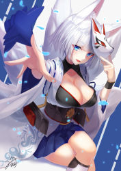 Rule 34 | 1girl, animal ears, azur lane, blue eyes, blunt bangs, breasts, cleavage, collarbone, fox ears, fox mask, fox tail, hakama, hakama short skirt, hakama skirt, highres, holding, japanese clothes, kaga (azur lane), kimono, large breasts, mask, mirea, open mouth, outstretched arms, short hair, silver hair, sitting, skirt, standing, tail, thighhighs, wide sleeves, wristband, zettai ryouiki