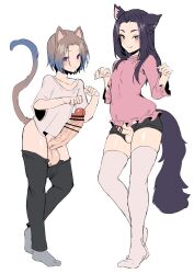 Rule 34 | 2boys, animal ear fluff, animal ears, bar censor, black pants, black shorts, blue hair, blush, brown hair, cat boy, cat ears, cat tail, censored, closed mouth, clothes pull, covered erect nipples, erection, frilled shirt, frills, full body, gradient hair, hands up, highres, huge penis, huge testicles, kemonomimi mode, large testicles, long hair, looking at viewer, male focus, medium hair, multicolored hair, multiple boys, namae nayami-chu, omoi ryuugi, open clothes, original, pants, pants pull, paw pose, penis, penis out, penis size difference, pink eyes, pink shirt, purple eyes, purple hair, sera aori, shirt, shorts, simple background, small penis, smile, socks, standing, sweatdrop, tail, testicles, thighhighs, trap, two-tone hair, unbuttoned, unbuttoned pants, unzipped, unzipped pants, white background, white shirt, white thighhighs, wolf boy, wolf ears, wolf tail