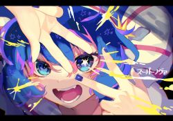 Rule 34 | 1girl, arm up, blue eyes, blue hair, blue hat, blue nails, bow, close-up, colored tips, double w, fangs, fukomo, hair bow, hand up, hat, letterboxed, looking at viewer, mismatched pupils, multicolored hair, multiple hair bows, open mouth, otomachi una, otomachi una (sugar), portrait, purple hair, smile, solo, song name, star-shaped pupils, star (symbol), striped, striped bow, supernova (vocaloid), symbol-shaped pupils, v-shaped eyebrows, vocaloid, w, w over eye, white bow