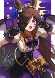 Rule 34 | 1girl, absurdres, animal ears, arms up, bad id, bad pixiv id, bat wings, black bow, black bowtie, black gloves, blue flower, blue rose, blush, bow, bowtie, brooch, brown hair, claw pose, cowboy shot, dress, fang, flower, gloves, hair over one eye, halloween, highres, horse ears, horse girl, jack-o&#039;-lantern, jewelry, jsih, lace, long hair, looking at viewer, moon, open mouth, orange bow, puffy short sleeves, puffy sleeves, purple eyes, rice shower (umamusume), rose, short sleeves, solo, spider web print, star (symbol), striped, umamusume, wings