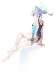 Rule 34 | 1girl, absurdres, animal ears, bare arms, bare legs, bare shoulders, barefoot, black one-piece swimsuit, blue archive, blue eyes, blue halo, breasts, closed mouth, competition swimsuit, extra ears, full body, ggab0621, grey hair, halo, highres, medium breasts, medium hair, official alternate costume, one-piece swimsuit, ponytail, shiroko (blue archive), shiroko (swimsuit) (blue archive), solo, swimsuit, wolf ears