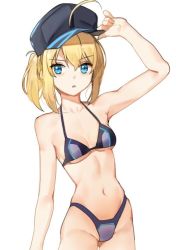 Rule 34 | 1girl, adapted costume, ahoge, arm up, armpit peek, artoria pendragon (fate), bad id, bad twitter id, bare shoulders, baseball cap, bikini, blonde hair, blue eyes, breasts, cowboy shot, fate/grand order, fate (series), gluteal fold, hand on headwear, hat, looking at viewer, mysterious heroine x (fate), navel, parted lips, ponytail, shovelwell, sidelocks, simple background, small breasts, solo, swimsuit, white background