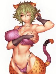 Rule 34 | 1girl, arm up, bare shoulders, black gloves, breasts, bridal gauntlets, cameltoe, cheetah ears, commentary request, covering privates, covering one breast, curvy, fumio (rsqkr), fur, gloves, hip focus, large breasts, looking at viewer, midriff, navel, one eye closed, paw pose, scar, short hair, simple background, smile, solo, tail, thighs, white background, wide hips, yellow eyes