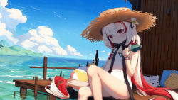 Rule 34 | 1girl, :3, = =, armband, azur lane, ball, bare shoulders, beachball, black ribbon, blue sky, blush, chinese commentary, closed eyes, closed mouth, cloud, commentary request, cowboy shot, day, flower, hair between eyes, hair flower, hair ornament, hat, highres, holding, holding shovel, long hair, looking at viewer, maestrale (azur lane), maestrale (lonesome beachfarer) (azur lane), manjuu (azur lane), meowfficer (azur lane), multicolored hair, ocean, one-piece swimsuit, outdoors, parted bangs, red eyes, red hair, ribbon, shadow, shovel, sidelocks, sitting, sky, sleeping, smile, soaking feet, solo focus, straw hat, swimsuit, two-tone hair, white hair, white one-piece swimsuit, wristband, xiaoxiao de hongye