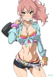 Rule 34 | 1girl, bag, belt, bracelet, breasts, cleavage, commentary request, cross, earrings, front-tie top, grin, heart, heart earrings, highres, holding, holding bag, idolmaster, idolmaster cinderella girls, jewelry, jougasaki mika, legs apart, looking at viewer, md5 mismatch, medium breasts, midriff, navel, necklace, pendant, pink hair, resolution mismatch, revision, scrunchie, shiny skin, shirt, short shorts, shorts, simple background, smile, solo, source smaller, standing, suna (sandworks), thong, tied shirt, white background, wrist scrunchie