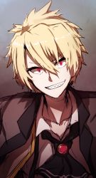 Rule 34 | 1boy, ascot, bad id, bad pixiv id, black ascot, blonde hair, brooch, brown jacket, brown vest, collarbone, collared shirt, evil grin, evil smile, fate/prototype, fate/prototype: fragments of blue and silver, fate (series), grin, hair between eyes, head tilt, highres, jacket, jekyll and hyde (fate), jewelry, looking at viewer, male focus, open clothes, open vest, red eyes, sharp teeth, shirt, smile, solo, teeth, v-shaped eyebrows, vest, wada kazu, white shirt