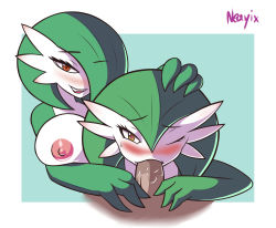 Rule 34 | 1girl, 2boys, border, breasts, colored skin, creatures (company), erection, eyelashes, fangs, fellatio, game freak, gardevoir, gen 3 pokemon, green background, green skin, hand on head, heart, heart-shaped pupils, highres, interspecies, large areolae, large breasts, multiple boys, neayix, nintendo, nipples, one eye closed, open mouth, oral, orange eyes, penis, pokemon, pokemon (creature), pokemon rse, saliva, short hair, simple background, smile, sweat, symbol-shaped pupils, tears, teeth, tongue, topless, trap, white border, white skin, wince, yellow eyes