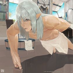 Rule 34 | 1boy, arm behind back, barefoot, copyright name, copyright notice, day, dripping, elezen, elf, estinien, estinien varlineau, exercising, final fantasy, final fantasy xiv, foreshortening, grey eyes, grey hair, indoors, lips, long hair, male focus, muscular, muscular male, no nipples, official art, parted bangs, parted lips, pectorals, pointy ears, push-ups, shorts, sidelocks, solo, sweat, topless male, towel, training, white shorts, white towel