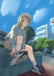 Rule 34 | 1girl, aqua eyes, aqua sweater, artist name, artist request, bare legs, black nails, blue eyes, blue sky, blush, brown hair, brown pants, brown shorts, building, cloud, day, female focus, full body, grey hair, hair between eyes, hat, light brown hair, looking at viewer, love live!, love live! sunshine!!, nail polish, outdoors, pants, parted lips, shoes, short hair, shorts, sitting, sky, smile, sneakers, socks, solo, sweater, teeth, watanabe you, white footwear, white hat
