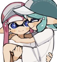 Rule 34 | 2girls, aqua hair, aqua headwear, baseball cap, blue eyes, bright pupils, carrying, carrying person, closed eyes, closed mouth, commentary request, cross-shaped pupils, hat, inkling, inkling girl, inkling player character, long hair, mt38lg, multiple girls, nintendo, pink hair, pink headwear, pointy ears, shirt, short hair, simple background, smile, splatoon (series), symbol-shaped pupils, tentacle hair, white background, white pupils, white shirt