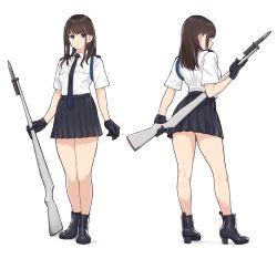 Rule 34 | 1girl, aiguillette, bayonet, blue eyes, boots, brown hair, collared shirt, full body, genso, gloves, gun, highres, holding, long hair, looking at viewer, miniskirt, monochrome, multiple views, necktie, original, pleated skirt, rifle, shirt, shirt tucked in, short sleeves, simple background, skirt, smile, straight hair, uniform, weapon, white background, white shirt