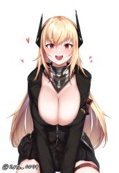 Rule 34 | 1girl, armband, black jacket, blonde hair, breasts, cleavage, esto 0079, girls&#039; frontline, headgear, heart, highres, jacket, large breasts, m4 sopmod ii (girls&#039; frontline), multicolored hair, open mouth, pleated skirt, red eyes, red scarf, scarf, simple background, sitting, skirt, streaked hair, thigh strap, unzipped, white background