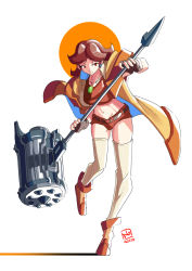 Rule 34 | 1girl, alternate costume, alternate eye color, automatic giraffe, breasts, brown gloves, brown hair, collarbone, crop top, dated, earrings, fingerless gloves, gloves, hammer, holding, holding hammer, jewelry, looking down, mario (series), medium breasts, midriff, navel, necklace, nintendo, princess daisy, red eyes, short shorts, shorts, sleeveless, sleeveless jacket, solo, super mario land, thighhighs, tomboy, toned, war hammer, weapon, white background