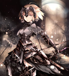 Rule 34 | armor, armored dress, brown hair, commentary request, dress, fate/grand order, fate (series), highres, jeanne d&#039;arc (fate), jeanne d&#039;arc alter (avenger) (fate), jeanne d&#039;arc alter (fate), kyuu (plastic night q), looking at viewer, mask, short hair, solo, sword, weapon, white hair