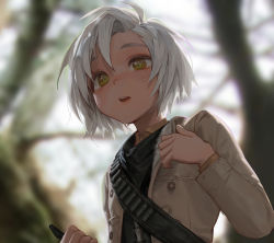 Rule 34 | 1girl, absurdres, backlighting, blurry, blurry background, blush, brown eyes, charles (106858), highres, jacket, outdoors, silver hair, solo, sweat