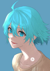 Rule 34 | 1girl, ahoge, android, beige sweater, blue background, blue eyes, blue hair, collarbone, earrings, floating hair, hair between eyes, iro marimo, jewelry, looking at viewer, open mouth, short hair, smile, solo, upper body, vivy, vivy: fluorite eye&#039;s song