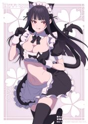 Rule 34 | 1girl, :p, animal ears, aoi suzu, apron, black bow, black footwear, black gloves, black hair, black shirt, black skirt, black thighhighs, blunt bangs, bow, bowtie, breasts, cat ears, cat girl, cat tail, center frills, cleavage, closed mouth, crop top, detached collar, extra ears, frilled shirt, frilled skirt, frills, gloves, hand up, highres, leg up, long hair, looking at viewer, maid, maid apron, maid headdress, medium breasts, midriff, miniskirt, navel, original, red eyes, shirt, short sleeves, sidelocks, skirt, smile, solo, standing, standing on one leg, stomach, tail, tail bow, tail ornament, tail raised, thighhighs, tongue, tongue out, waist apron, wrist cuffs, zettai ryouiki