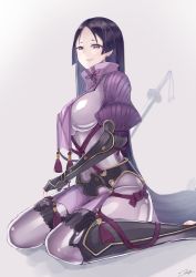 Rule 34 | 1girl, bodysuit, breasts, fate/grand order, fate (series), fingerless gloves, gloves, highres, large breasts, long hair, looking at viewer, minamoto no raikou (fate), parted bangs, puffy sleeves, purple eyes, purple hair, simple background, smile, solo, sword, very long hair, weapon, yukai nao
