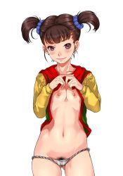 Rule 34 | 1girl, bare legs, black hair, blush, breasts, breasts squeezed together, cameltoe, chinese clothes, clothes lift, cowboy shot, dragon quest, dragon quest iii, eyebrows, female pubic hair, fighter (dq3), flashing, groin, highres, legs, long sleeves, looking at viewer, navel, nipples, no bra, open clothes, panties, panty pull, pink eyes, pubic hair, sakuradou, scarf, shiny skin, shirt lift, simple background, small breasts, smile, solo, standing, thighs, twintails, underwear, white background, white panties