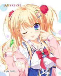 Rule 34 | 1girl, ;p, absurdres, blonde hair, blue eyes, blush, bow, breasts, candy, cardigan, closed mouth, collarbone, collared shirt, company name, copyright name, english text, food, gyaru, hair between eyes, hair ornament, hairclip, hands up, heart, heart hair ornament, heart necklace, highres, holding, holding candy, holding food, jewelry, kin-iro loveriche, kisaki reina, large breasts, looking at viewer, necklace, official art, one eye closed, open cardigan, open clothes, pink cardigan, pom pom (clothes), pom pom hair ornament, red bow, school uniform, shirt, sidelocks, simple background, sleeves past wrists, smile, solo, tongue, tongue out, toranosuke, twintails, upper body, wavy hair, white background, white shirt