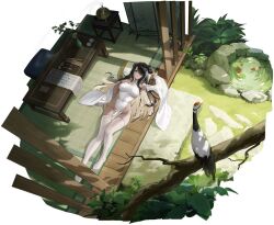 Rule 34 | 1girl, absurdres, armpits, azur lane, black hair, blonde hair, breasts, china dress, chinese clothes, colored inner hair, dark-skinned female, dark skin, detached sleeves, double bun, dress, feet, from above, green eyes, groin, hair bun, hair over one eye, haori io, highres, large breasts, legs, logo, long hair, looking at viewer, lying, multicolored hair, no panties, no shoes, non-web source, northampton (azur lane), northampton ii (azur lane), northampton ii (comfy crane amidst the clouds) (azur lane), official art, on back, parted lips, pelvic curtain, pillow, scroll, see-through, see-through thighhighs, solo, thighhighs, toes, white dress, white sleeves, white thighhighs