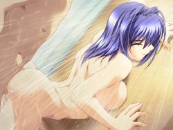 Rule 34 | 00s, 1boy, 1girl, against wall, arched back, ass, baka ouji persia, bent over, blue hair, breast press, breasts, censored, clenched teeth, cum, game cg, hayase mitsuki, hetero, kimi ga nozomu eien, large breasts, mixed-sex bathing, nude, sex, shared bathing, shower, sideboob, teeth, vaginal, wet
