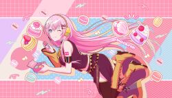 Rule 34 | 1girl, blue eyes, boots, colorful palette, food, headphones, knee boots, long hair, long skirt, megurine luka, nail polish, official art, one eye closed, pink hair, project sekai, skirt, smile, solo, very long hair