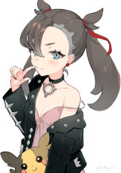 Rule 34 | 1girl, aqua eyes, asymmetrical bangs, black choker, black hair, black nails, blush, breasts, choker, cleavage, closed mouth, collarbone, creatures (company), dress, finger to mouth, game freak, gen 8 pokemon, hair ribbon, jacket, long hair, long sleeves, looking at viewer, marnie (pokemon), morpeko, morpeko (full), nail polish, nintendo, off shoulder, open clothes, open jacket, pink dress, pokemon, pokemon (creature), pokemon swsh, red ribbon, ribbon, signature, simple background, single bare shoulder, small breasts, smile, strap slip, sundress, twintails, upper body, white background, yadapot