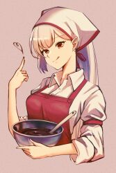 Rule 34 | 1girl, :q, absurdres, apron, armband, blush, bowl, breasts, buttons, chocolate making, chocolate on hand, collared shirt, commentary request, cropped torso, equality taira, eyelashes, food on hand, fujiwara no mokou, grey background, head scarf, heart, highres, holding, holding bowl, index finger raised, large breasts, long hair, long sleeves, looking at viewer, red apron, red eyes, shirt, simple background, solo, spatula, standing, tongue, tongue out, touhou, white hair, white shirt, wing collar