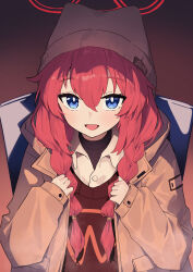 Rule 34 | 1girl, :d, absurdres, backpack, bag, beanie, blue archive, blue eyes, brown coat, brown sweater, coat, commentary, hair between eyes, halo, hat, highres, long hair, long sleeves, looking at viewer, maki (blue archive), maki (camp) (blue archive), official alternate costume, open mouth, red hair, red halo, shirt, smile, solo, sweater, upper body, white hat, white shirt, yuku~