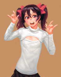 Rule 34 | 10s, 1girl, :d, \m/, black hair, blush, bow, cleavage cutout, clothing cutout, double \m/, doyora, flat chest, hair bow, looking at viewer, love live!, love live! school idol project, meme attire, nico nico nii, open-chest sweater, open mouth, red eyes, ribbed sweater, short hair, skirt, smile, solo, sweater, turtleneck, twintails, yazawa nico