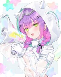 Rule 34 | 1girl, absurdres, arm up, braid, breasts, crop top, ear piercing, fake horns, gloves, goggles, goggles on head, gradient hair, green eyes, hair ornament, hair over shoulder, hairclip, hand up, highres, holding, holding megaphone, hololive, hood, hoodie, horns, long hair, long sleeves, looking at viewer, medium breasts, megaphone, midriff, multicolored hair, official alternate costume, open mouth, piercing, pink hair, puffy long sleeves, puffy sleeves, purple hair, ribbed shirt, see-through, see-through sleeves, shano hiyori, shirt, smile, solo, tokoyami towa, tokoyami towa (5th costume), twin braids, twintails, two-tone hair, upper body, virtual youtuber, white gloves, white hood, white hoodie, white shirt
