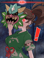 Rule 34 | !, 1girl, alpha pokemon, arm up, blush, breasts, brown hair, covered face, creatures (company), game freak, glowing, glowing eyes, green shirt, highres, holding, holding mask, japanese clothes, jinbei (clothes), juliana (pokemon), kimono, kitakami outfit (pokemon), kurachi mizuki, looking at viewer, mask, medium breasts, night, nintendo, official alternate costume, open mouth, outdoors, pokemon, pokemon legends: arceus, pokemon sv, ponytail, red eyes, shirt, short hair, short sleeves, side ponytail, solo, solo focus, sweat, tongue, tree, upper body