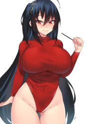 Rule 34 | 1girl, ahoge, arm behind back, azur lane, black hair, blush, breasts, closed mouth, commentary, covered erect nipples, covered navel, cowboy shot, food, gluteal fold, groin, hair between eyes, hair ornament, hand up, heattech leotard, highleg, highleg leotard, holding, holding food, holding pocky, kuavera, large breasts, leotard, lips, long hair, long sleeves, looking at viewer, pocky, red eyes, red leotard, ribbed leotard, sidelocks, signature, simple background, smile, solo, standing, taihou (azur lane), thigh gap, thighs, turtleneck, very long hair, white background, wide hips