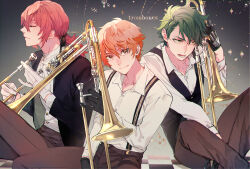 Rule 34 | 3boys, brown eyes, closed eyes, closed mouth, facing to the side, green hair, highres, holding, holding instrument, instrument, kiyoshima osei, looking at viewer, looking to the side, low ponytail, male focus, mckrs, mukai toki, multiple boys, open mouth, orange hair, red hair, short hair, trombone, wind boys!, yellow eyes, yoneya akane
