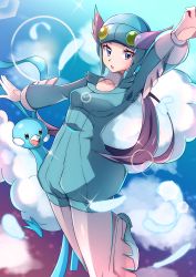Rule 34 | 1girl, altaria, aqua headwear, arm up, bad id, bad pixiv id, breasts, cleavage, collarbone, commentary request, creatures (company), eyelashes, feathers, floating hair, game freak, gen 3 pokemon, gloves, grey eyes, hand up, helmet, highres, lens flare, long hair, looking to the side, miyama (yakinikusushi the royal), nintendo, open mouth, pokemon, pokemon (creature), pokemon oras, purple hair, sparkle, tongue, white gloves, winona (pokemon)