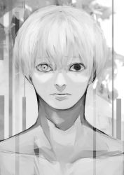 Rule 34 | 1boy, akahara (akaharaillust), bad id, bad twitter id, closed mouth, collarbone, commentary request, grey background, greyscale, heterochromia, kaneki ken, looking at viewer, male focus, monochrome, portrait, short hair, solo, tokyo ghoul