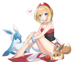Rule 34 | 1girl, absurdres, bare legs, barefoot, blonde hair, blue eyes, blush, bracelet, closed mouth, coletta (colet colettia), commentary request, creatures (company), eevee, eyelashes, game freak, gen 1 pokemon, gen 4 pokemon, glaceon, hairband, heart, highres, irida (pokemon), jewelry, looking at viewer, medium hair, nintendo, poke ball, poke ball (legends), pokemon, pokemon (creature), pokemon legends: arceus, red hairband, red shirt, sash, shirt, short shorts, shorts, sitting, smile, spoken heart, strapless, strapless shirt, toes, waist cape, white shorts