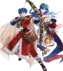 Rule 34 | 1boy, 1girl, alternate costume, arrow (projectile), bag, bell, black footwear, blue eyes, blue hair, boots, bow, bow (weapon), box, brother and sister, cape, christmas, christmas ornaments, elice (fire emblem), elice (winter) (fire emblem), fingerless gloves, fire emblem, fire emblem: mystery of the emblem, fire emblem heroes, full body, fur trim, garland, gift, gloves, highres, holding, holding bow (weapon), holding weapon, leaf, long hair, marth (fire emblem), marth (winter) (fire emblem), matching hair/eyes, mayo (becky2006), nintendo, official art, open mouth, ribbon, satchel, short hair, siblings, smile, star (symbol), teeth, tiara, transparent background, weapon