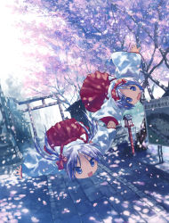 Rule 34 | 00s, 2girls, blue eyes, bow, cherry blossoms, flying, hair bow, hair ribbon, hairband, hiiragi kagami, hiiragi tsukasa, holding hands, in-universe location, isou nagi, japanese clothes, long hair, long sleeves, lucky star, miko, multiple girls, open mouth, outdoors, petals, purple hair, red bow, ribbon, shrine, siblings, sisters, sky, smile, torii, tree, twins, twintails, wide sleeves