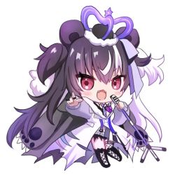 Rule 34 | 1girl, :d, animal ears, bear ears, black footwear, black hair, blush, boots, chibi, coat, crown, fangs, full body, grey skirt, hair between eyes, holding, indie virtual youtuber, jewelry, long hair, long sleeves, looking at viewer, microphone stand, mini crown, multicolored hair, obear, open mouth, plaid, plaid skirt, puffy long sleeves, puffy sleeves, red eyes, ring, shiodome oji, simple background, skirt, sleeves past wrists, smile, solo, thigh boots, two-tone hair, two side up, v-shaped eyebrows, very long hair, virtual youtuber, white background, white coat, white hair