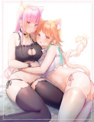 Rule 34 | 2girls, absurdres, animal ear fluff, animal ears, ass, bad id, bad pixiv id, bare shoulders, bell, black bra, black legwear, black panties, border, bra, breasts, cat cutout, cat ears, cat girl, cat tail, cleavage, cleavage cutout, clothing cutout, collar, collarbone, commentary, gradient hair, green hair, hand on another&#039;s arm, hand on another&#039;s hip, highres, hololive, hololive english, kemonomimi mode, large breasts, long hair, looking at viewer, lying, modoki kuma, mori calliope, multicolored hair, multiple girls, neck bell, on side, orange hair, panties, parted lips, pink hair, purple eyes, side-tie panties, simple background, sitting, smile, symbol-only commentary, tail, tail wrap, takanashi kiara, thighhighs, thighs, tongue, tongue out, underwear, virtual youtuber, wariza, white background, white bra, white panties, white thighhighs, yuri