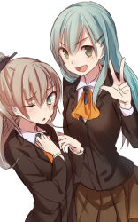 Rule 34 | &gt;:d, 10s, 2girls, :d, aqua eyes, ascot, blazer, brown hair, d;, dress shirt, green eyes, green hair, hair ornament, hairclip, hand on own chest, jacket, kantai collection, kumano (kancolle), long hair, looking at viewer, multiple girls, one eye closed, open mouth, personification, ponytail, shirt, skirt, smile, suzuya (kancolle), v, v-shaped eyebrows, wink, yue teitoku
