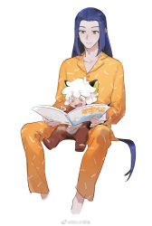 Rule 34 | 2boys, animal ears, bean mr12, black hair, blush, book, cat boy, cat ears, feet out of frame, green eyes, holding, holding book, invisible chair, long hair, luo xiaohei, luo xiaohei (human), luo xiaohei zhanji, multiple boys, open mouth, pajamas, short hair, simple background, sitting, smile, very long hair, weibo watermark, white background, white hair, wuxian (the legend of luoxiaohei), yellow pajamas