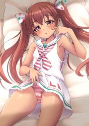 Rule 34 | 1girl, absurdres, bed sheet, blush, bow, brown eyes, brown hair, dress, fingernails, hair between eyes, hair bow, highres, kantai collection, libeccio (kancolle), long hair, lying, makura (y makura), neckerchief, on back, panties, parted lips, pillow, polka dot, polka dot bow, sailor collar, sailor dress, sleeveless, sleeveless dress, solo, striped clothes, striped panties, twintails, underwear, white bow, white dress, white sailor collar