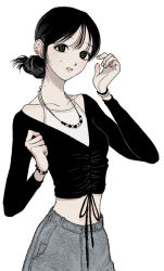 Rule 34 | 1girl, bead bracelet, bead necklace, beads, black eyes, black hair, black shirt, bracelet, breasts, chinese clothes, collarbone, cross-laced clothes, dudou, ear piercing, hair bun, halter shirt, halterneck, hands up, highres, jewelry, long sleeves, looking at viewer, midriff, mole, mole on arm, mole on cheek, mole on neck, mole under eye, muryo, necklace, off shoulder, original, pants, piercing, ringed eyes, shirt, simple background, single hair bun, solo, surprised, updo, upper body, v-neck, white background